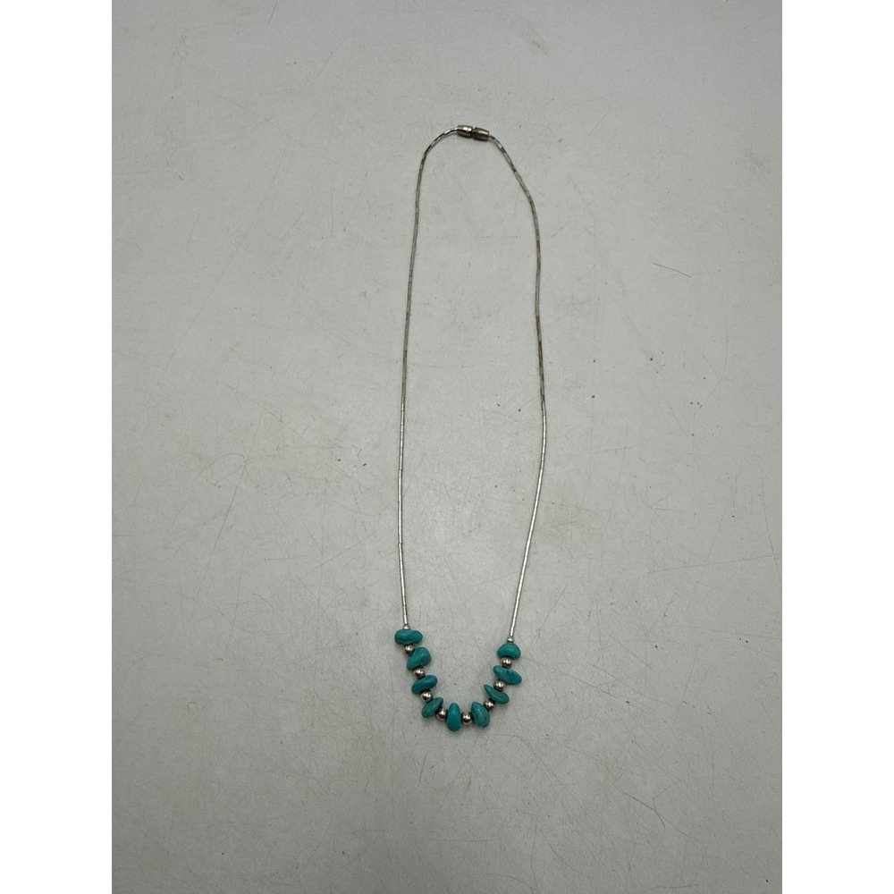 Liquid Silver Turquoise Beaded Necklace Southwestern Nugget Barrel Clasp 17"